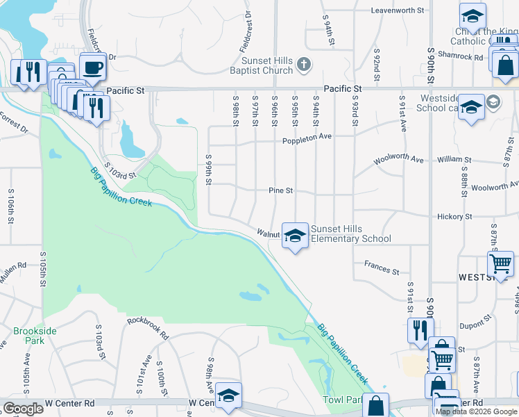 map of restaurants, bars, coffee shops, grocery stores, and more near 9614 Walnut Street in Omaha
