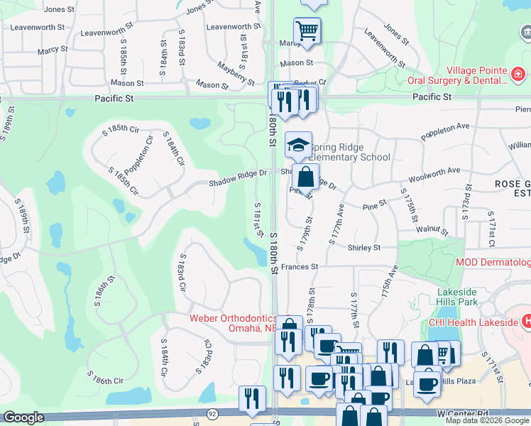 map of restaurants, bars, coffee shops, grocery stores, and more near 1815 South 181st Street in Omaha