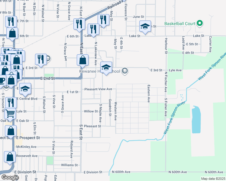 map of restaurants, bars, coffee shops, grocery stores, and more near 123 Goodrich Street in Kewanee