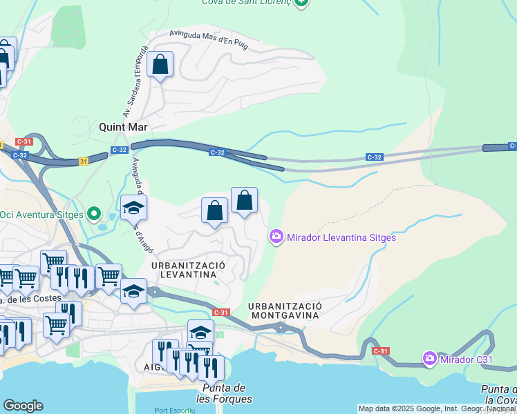 map of restaurants, bars, coffee shops, grocery stores, and more near 26 Avinguda de la Trinitat in Sitges