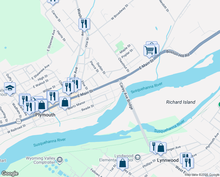 map of restaurants, bars, coffee shops, grocery stores, and more near Carey Avenue in Plymouth