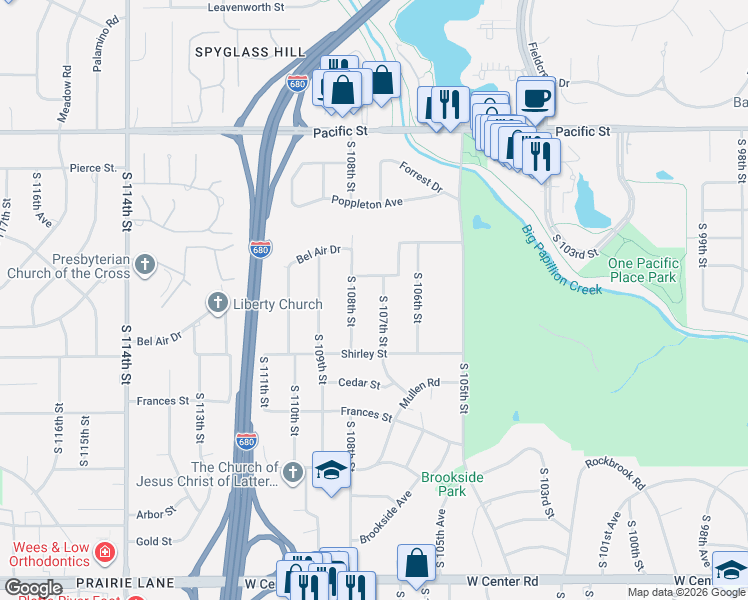 map of restaurants, bars, coffee shops, grocery stores, and more near 1537 South 108th Street in Omaha