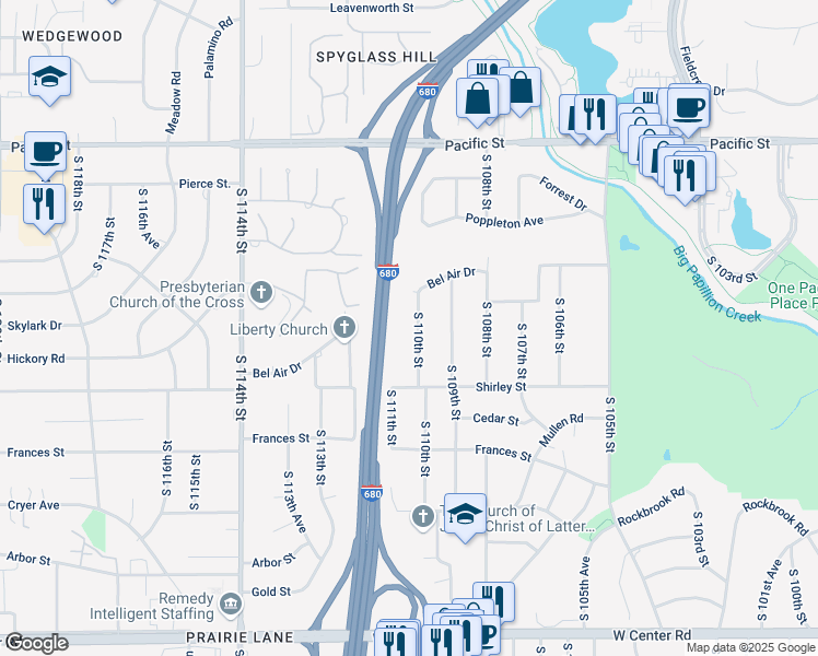 map of restaurants, bars, coffee shops, grocery stores, and more near 1537 South 110th Street in Omaha