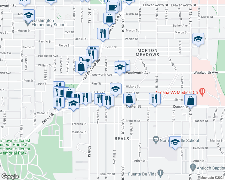 map of restaurants, bars, coffee shops, grocery stores, and more near 4832 Hickory Street in Omaha