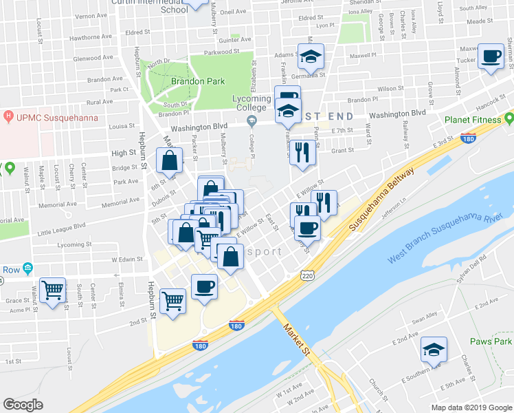 map of restaurants, bars, coffee shops, grocery stores, and more near 122 East 4th Street in Williamsport