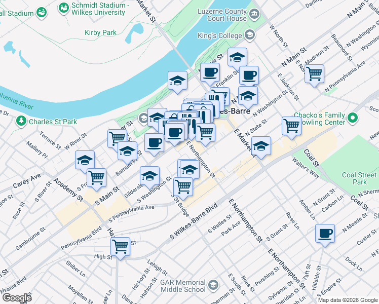 map of restaurants, bars, coffee shops, grocery stores, and more near 84 South Main Street in Wilkes-Barre