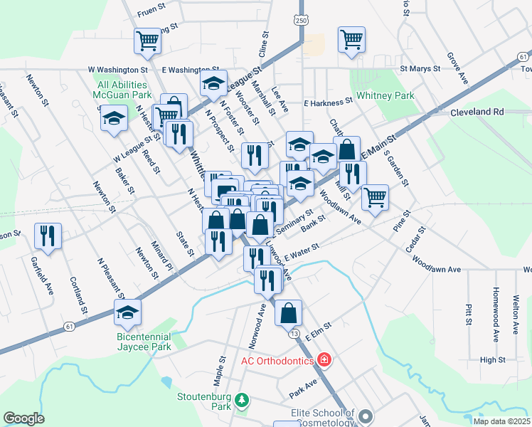 map of restaurants, bars, coffee shops, grocery stores, and more near 51 East Main Street in Norwalk