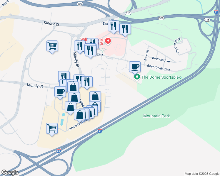 map of restaurants, bars, coffee shops, grocery stores, and more near 7 Lenape Ct in Wilkes-Barre Township