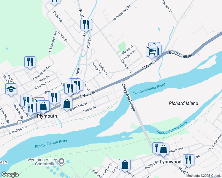 map of restaurants, bars, coffee shops, grocery stores, and more near 47 Pierce Street in Plymouth