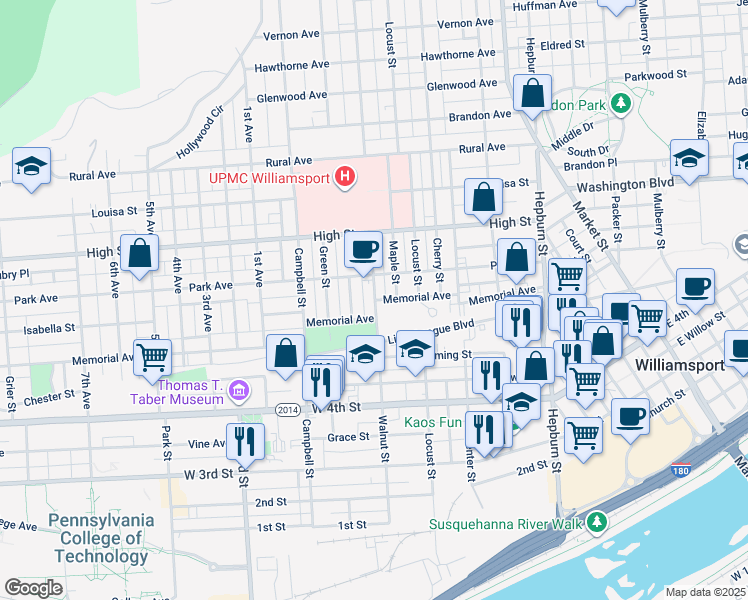 map of restaurants, bars, coffee shops, grocery stores, and more near 639 Walnut Street in Williamsport