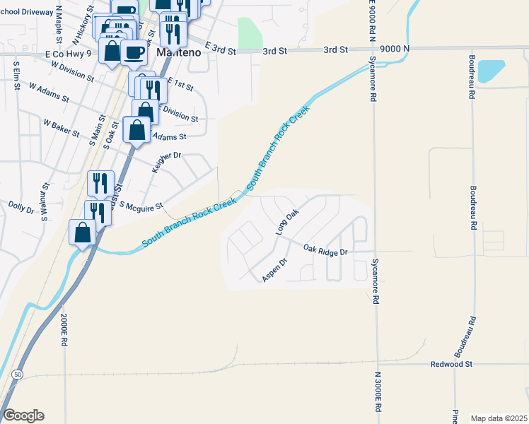 map of restaurants, bars, coffee shops, grocery stores, and more near Laurel in Manteno