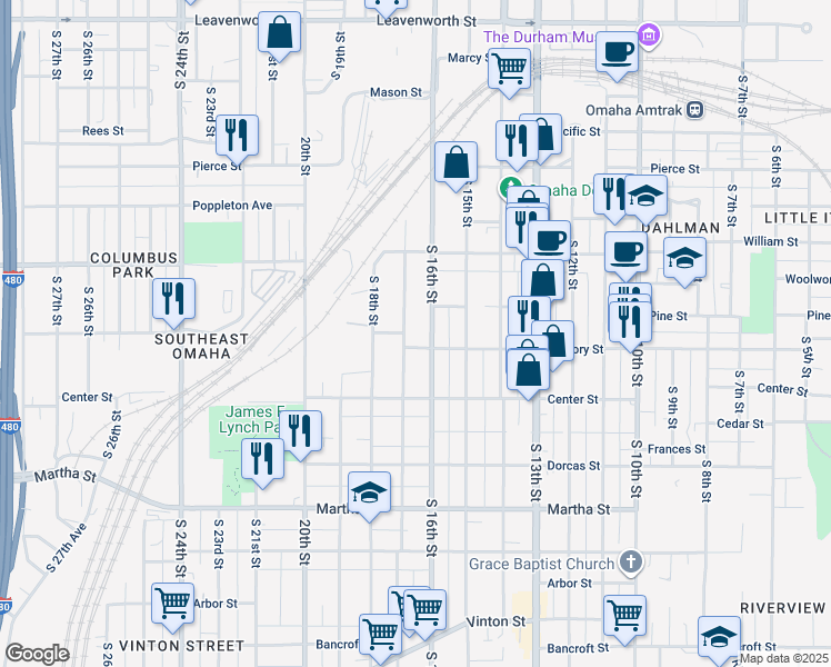 map of restaurants, bars, coffee shops, grocery stores, and more near 1450 South 17th Street in Omaha