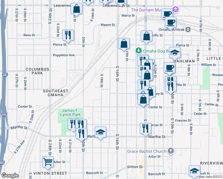 map of restaurants, bars, coffee shops, grocery stores, and more near 1450 South 17th Street in Omaha