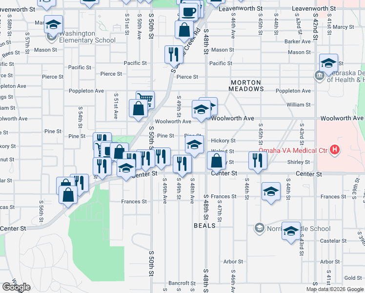 map of restaurants, bars, coffee shops, grocery stores, and more near 1602 South 49th Street in Omaha