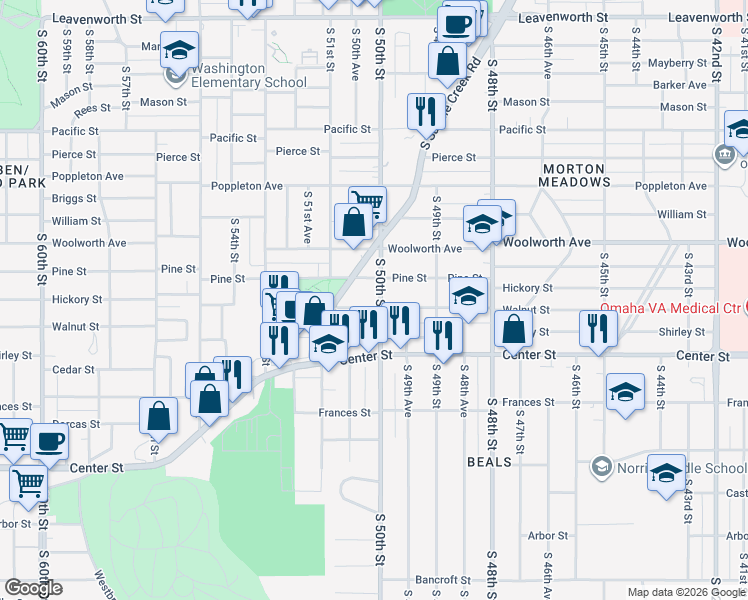 map of restaurants, bars, coffee shops, grocery stores, and more near 1515 South Saddle Creek Road in Omaha