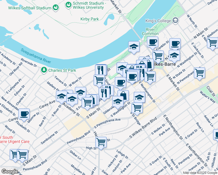 map of restaurants, bars, coffee shops, grocery stores, and more near 80 West South Street in Wilkes-Barre