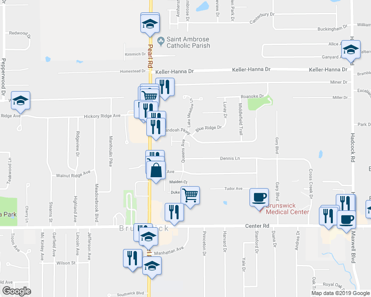 map of restaurants, bars, coffee shops, grocery stores, and more near 1171 Queens Avenue in Brunswick