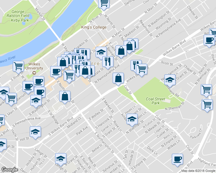 map of restaurants, bars, coffee shops, grocery stores, and more near 100 Wilkes-Barre Boulevard in Wilkes-Barre