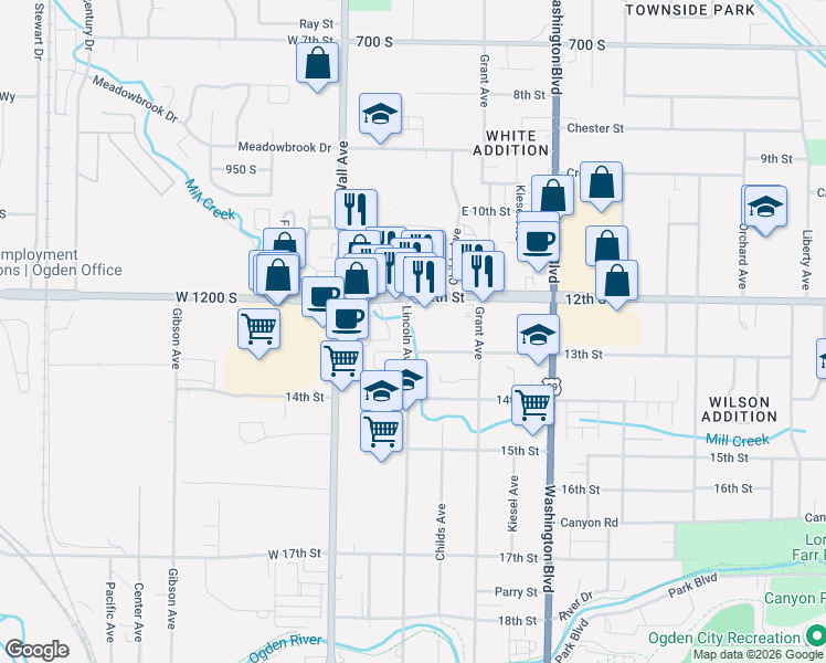 map of restaurants, bars, coffee shops, grocery stores, and more near 1258 Lincoln Avenue in Ogden