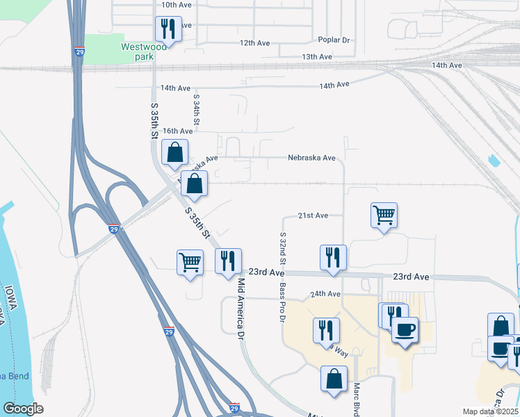map of restaurants, bars, coffee shops, grocery stores, and more near 3210 21st Avenue in Council Bluffs