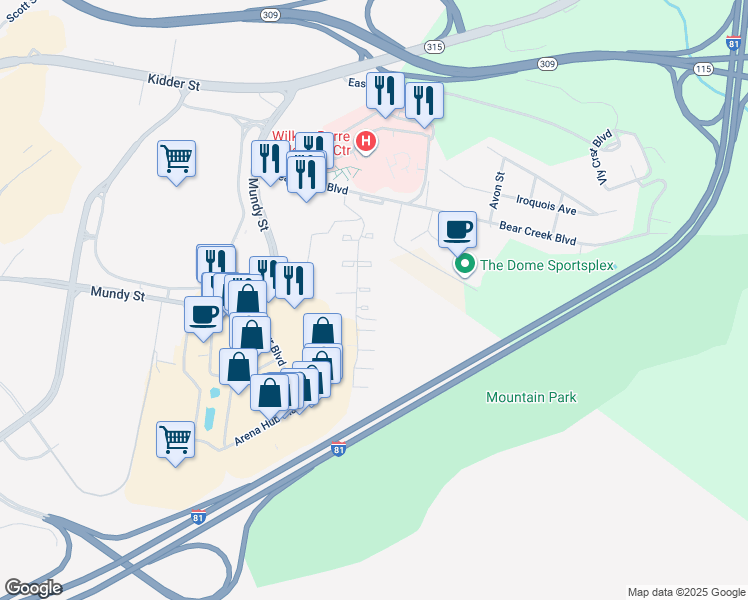 map of restaurants, bars, coffee shops, grocery stores, and more near 1 Lexington Court in Luzerne County