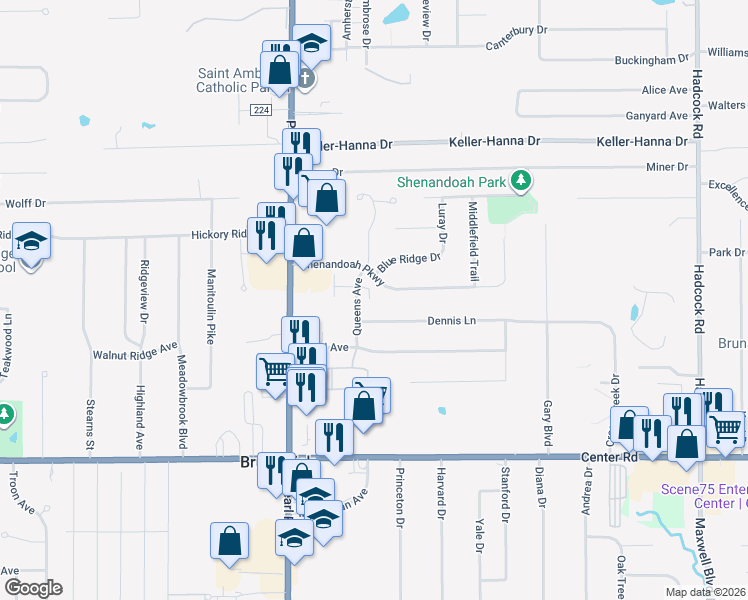 map of restaurants, bars, coffee shops, grocery stores, and more near 4205 Shenandoah Parkway in Brunswick