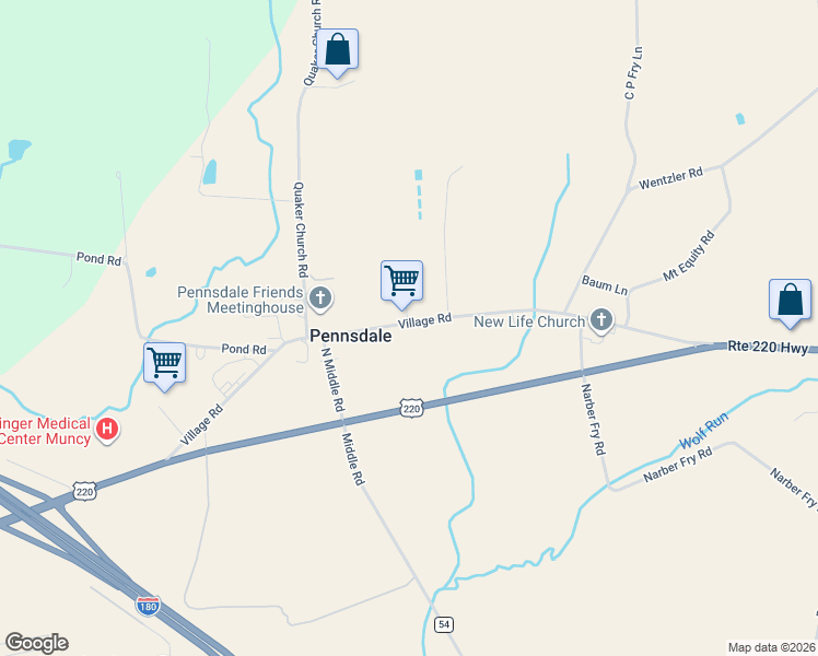 map of restaurants, bars, coffee shops, grocery stores, and more near 617-689 Village Road in Muncy