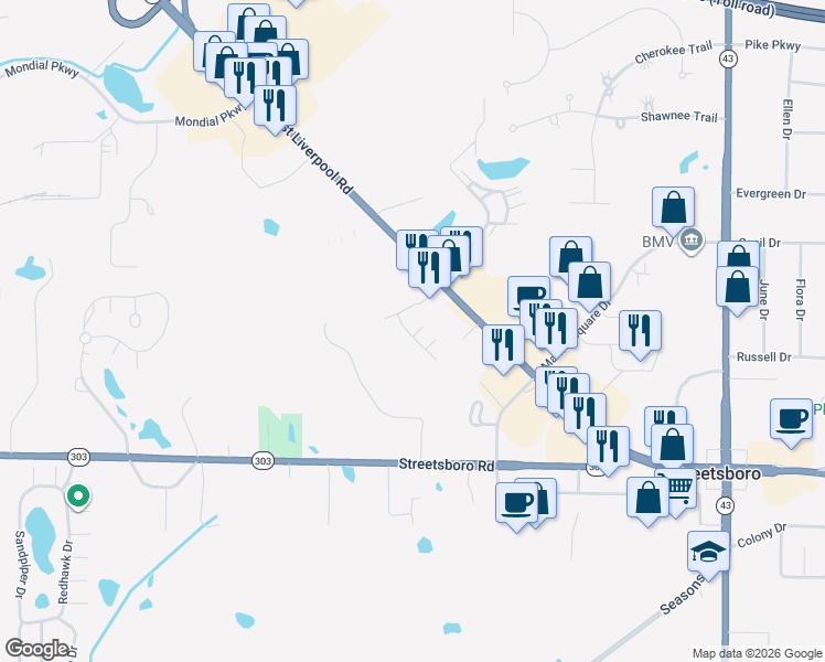 map of restaurants, bars, coffee shops, grocery stores, and more near 9535 Ohio 14 in Streetsboro