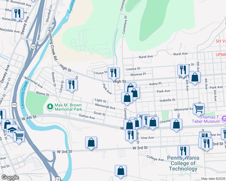map of restaurants, bars, coffee shops, grocery stores, and more near in Williamsport
