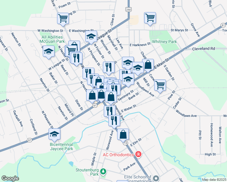 map of restaurants, bars, coffee shops, grocery stores, and more near 51 East Main Street in Norwalk