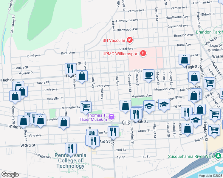 map of restaurants, bars, coffee shops, grocery stores, and more near in Williamsport