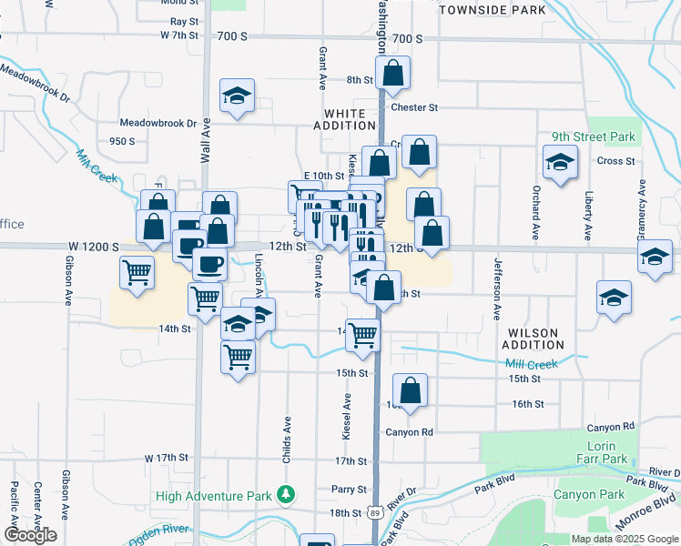 map of restaurants, bars, coffee shops, grocery stores, and more near 1216 Grant Avenue in Ogden