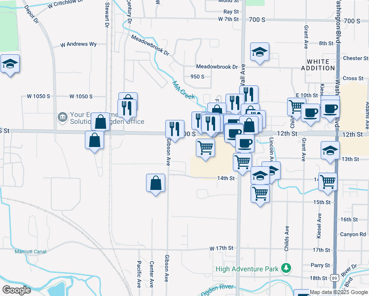 map of restaurants, bars, coffee shops, grocery stores, and more near 251 West 12th Street in Ogden