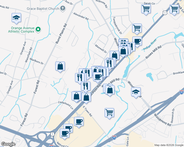 map of restaurants, bars, coffee shops, grocery stores, and more near 205 Foxwood Lane in Milford