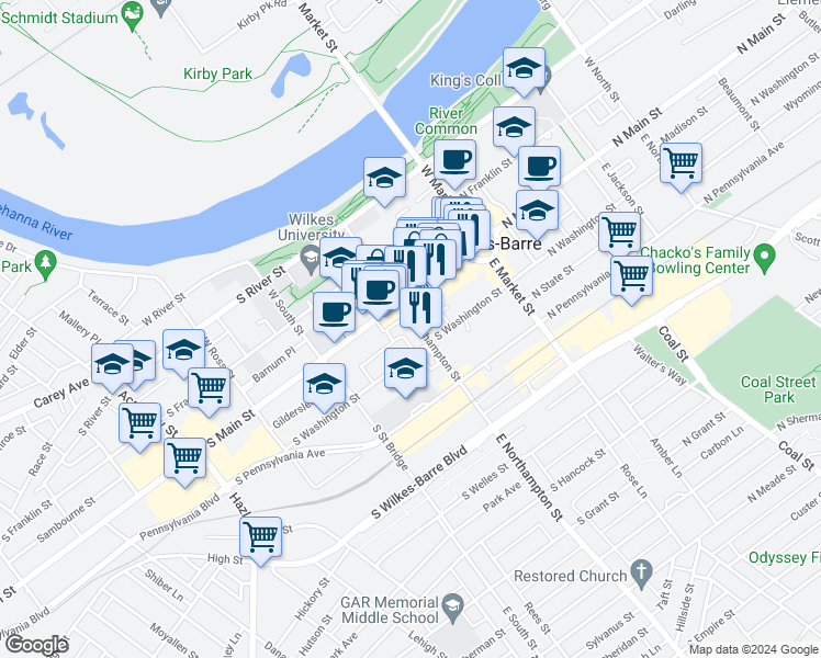 map of restaurants, bars, coffee shops, grocery stores, and more near 84 South Main Street in Wilkes-Barre