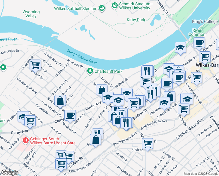 map of restaurants, bars, coffee shops, grocery stores, and more near 28-30 Sheldon Street in Wilkes-Barre