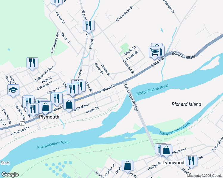 map of restaurants, bars, coffee shops, grocery stores, and more near 47 Pierce Street in Plymouth