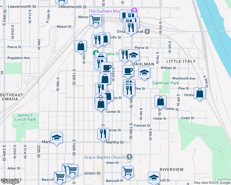 map of restaurants, bars, coffee shops, grocery stores, and more near 1446 South 11th Street in Omaha