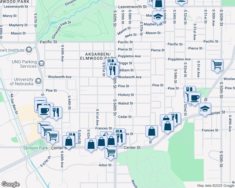 map of restaurants, bars, coffee shops, grocery stores, and more near 5855 Pine Street in Omaha