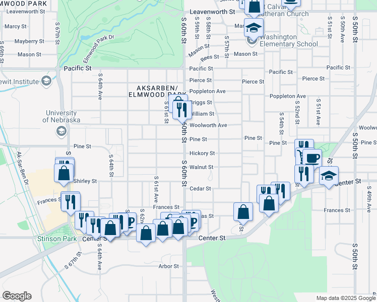 map of restaurants, bars, coffee shops, grocery stores, and more near 5855 Pine Street in Omaha