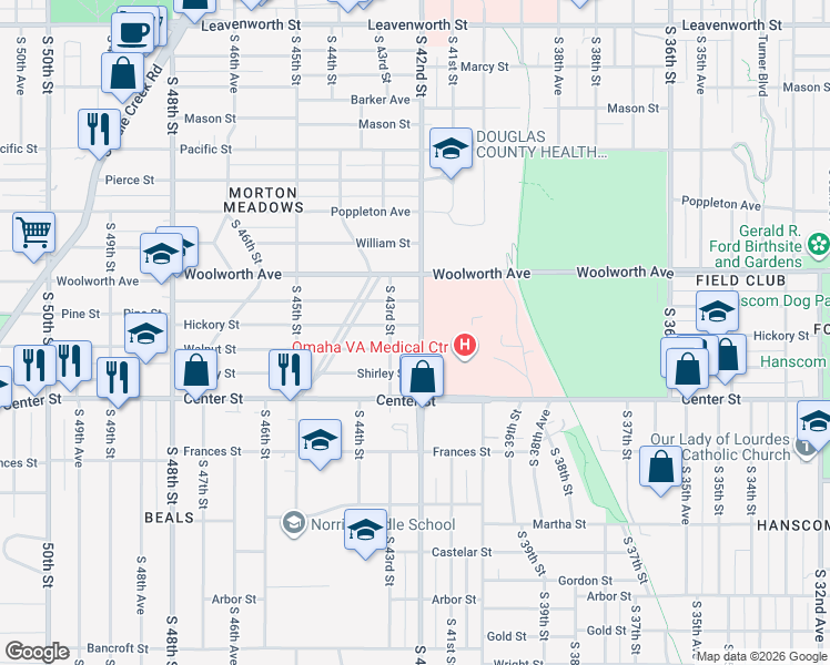 map of restaurants, bars, coffee shops, grocery stores, and more near 4201 Pine Street in Omaha