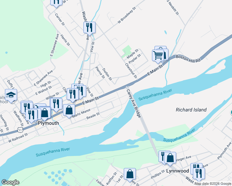 map of restaurants, bars, coffee shops, grocery stores, and more near 437 East Main Street in Plymouth