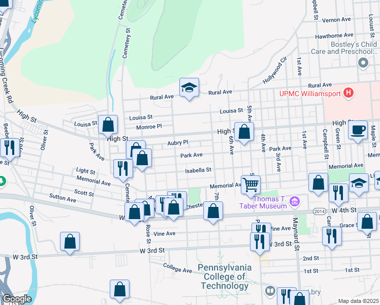 map of restaurants, bars, coffee shops, grocery stores, and more near 1179 Aubrey Place in Williamsport