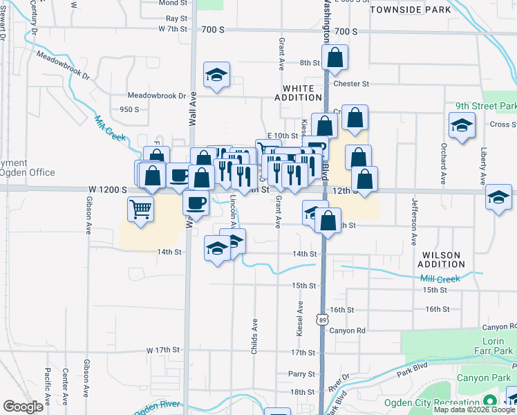 map of restaurants, bars, coffee shops, grocery stores, and more near 275 E 12th Street in Ogden