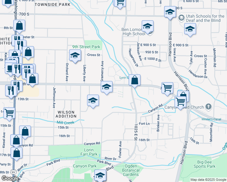 map of restaurants, bars, coffee shops, grocery stores, and more near 891 12th Street in Ogden