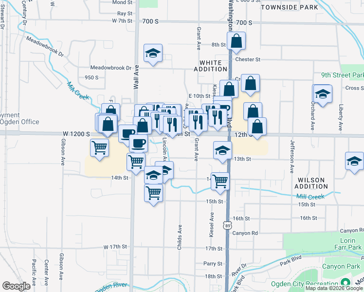 map of restaurants, bars, coffee shops, grocery stores, and more near 275 E 12th Street in Ogden