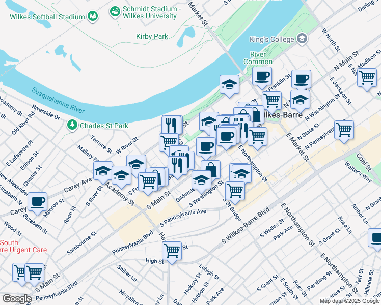 map of restaurants, bars, coffee shops, grocery stores, and more near 80 West South Street in Wilkes-Barre