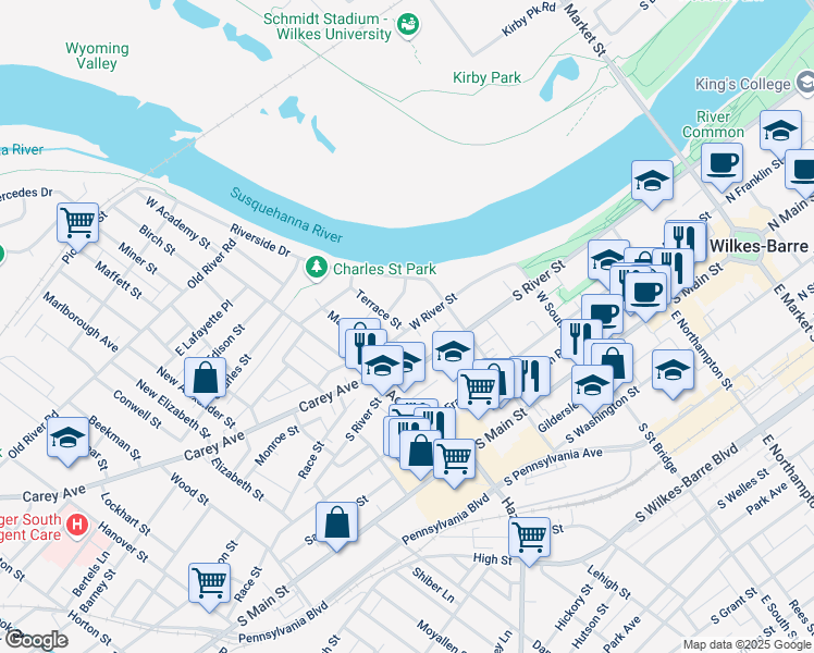 map of restaurants, bars, coffee shops, grocery stores, and more near 28-30 Sheldon Street in Wilkes-Barre