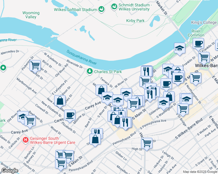 map of restaurants, bars, coffee shops, grocery stores, and more near 28-30 Sheldon Street in Wilkes-Barre