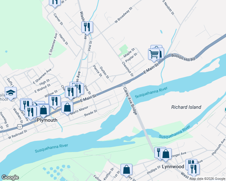 map of restaurants, bars, coffee shops, grocery stores, and more near 437 East Main Street in Plymouth